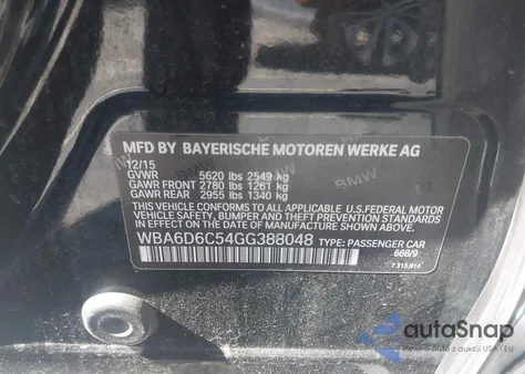 2016 BMW 650I Gran Coupe xDrive z USA, uszkodzony, nr VIN WBA6D6C54GG388048